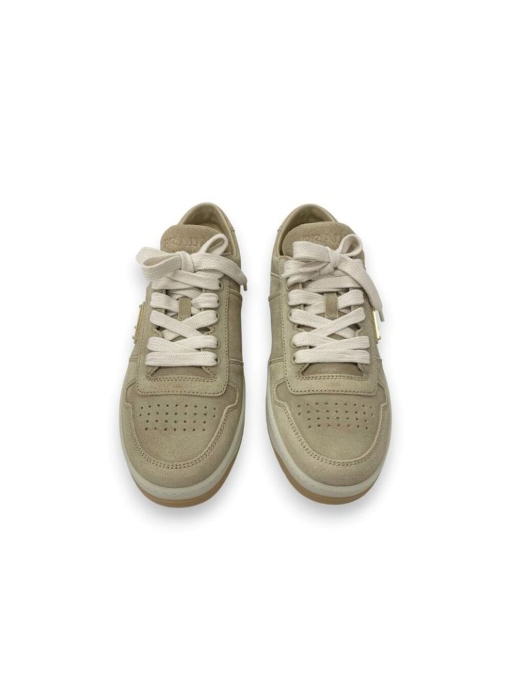 Prada Downtown Sneakers Shoes Delave Suede Beige Gold Logo - Picture 2 of 10